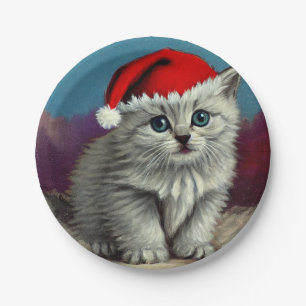 Weihnachtskatze im Weihnachtsmannmütze Pappteller