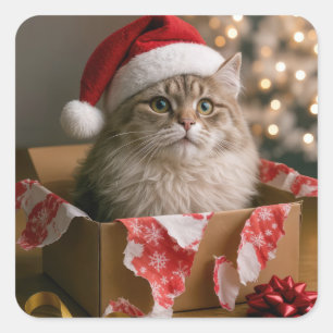 Weihnachtskatze in einer Schachtel Quadratischer Aufkleber
