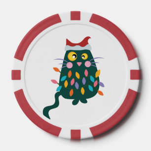 Weihnachtskatze in Lichter verheddert Pokerchips