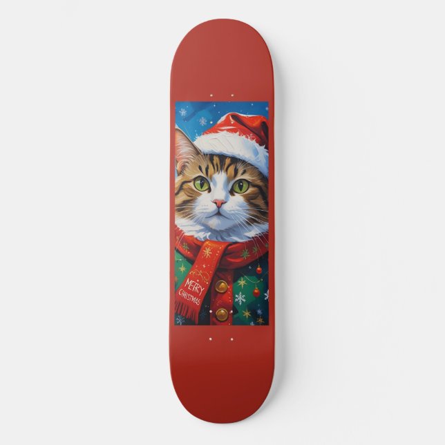 Weihnachtskatze in Santa-Mütze Skateboard (Vorderseite)