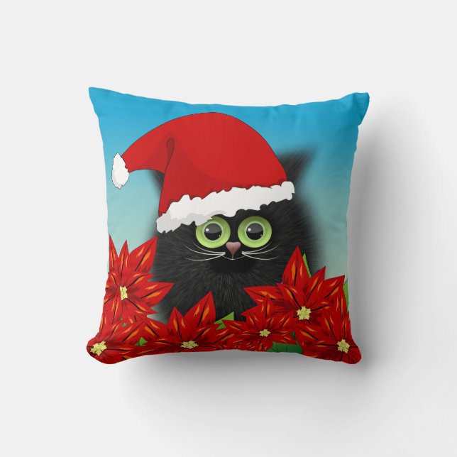 Weihnachtskatze in Weihnachtsmannmütze Amid Poinse Kissen (Vorderseite)