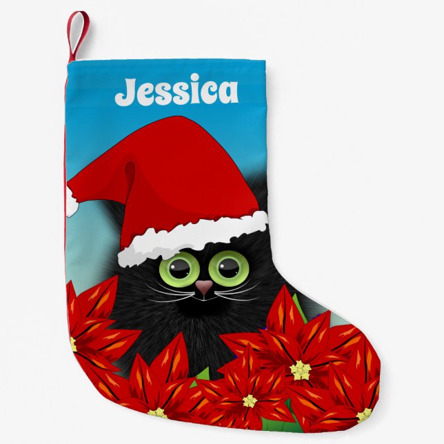 Weihnachtskatze in Weihnachtsmannmütze Poinsettia  Kleiner Weihnachtsstrumpf (Vorderseite)