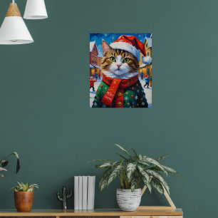 Weihnachtskatze in Weihnachtsmannmütze Poster