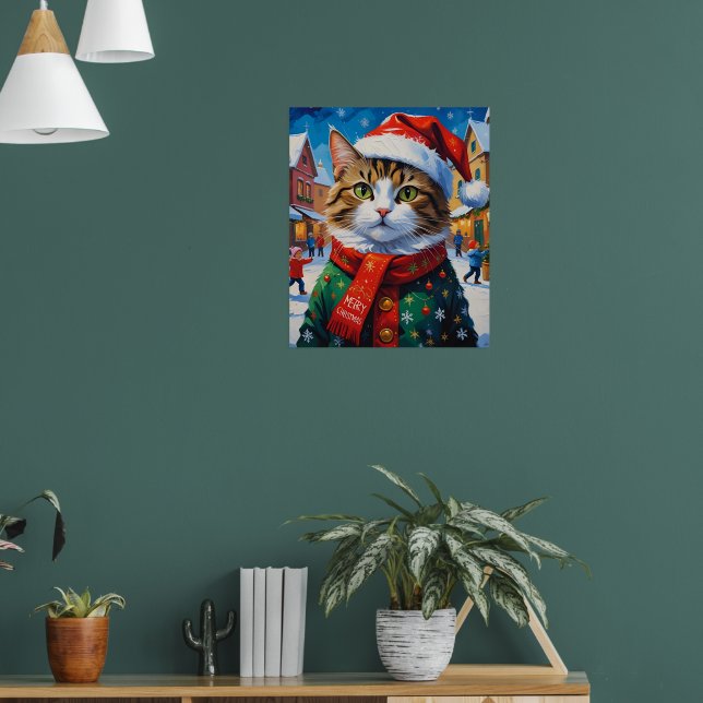 Weihnachtskatze in Weihnachtsmannmütze Poster (Wohnzimmer 1)