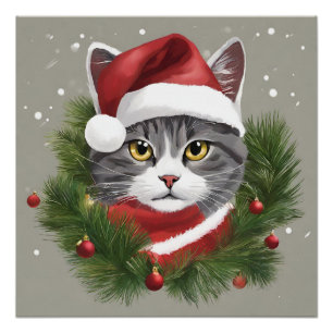 Weihnachtskatze in Weihnachtsmannmütze Poster