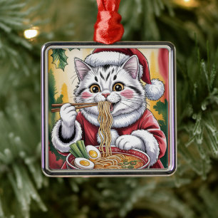 Weihnachtskatze isst Ramen-Schmuckstück zum Fest Ornament Aus Metall