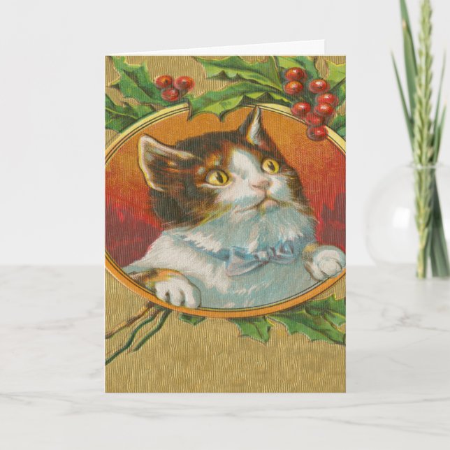 Weihnachtskatze Kitten Holly Berries Niedlich Feiertagskarte (Vorderseite)