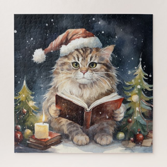 Weihnachtskatze Lesen Vintage Karte (Vertikal)