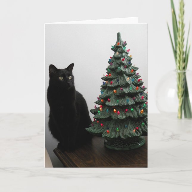 Weihnachtskatze mit Baum-Karte Feiertagskarte (Vorderseite)