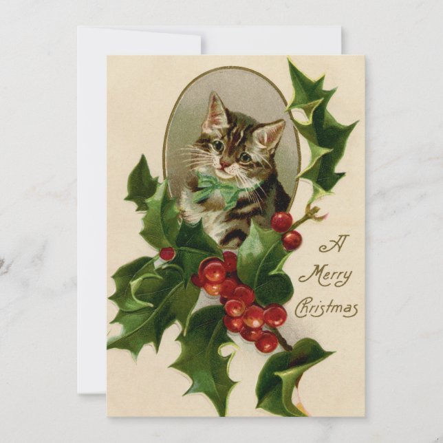 Weihnachtskatze mit Holly Card Feiertagskarte (Vorderseite)