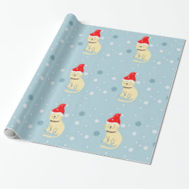 Weihnachtskatze mit Hut auf blau Geschenkpapier