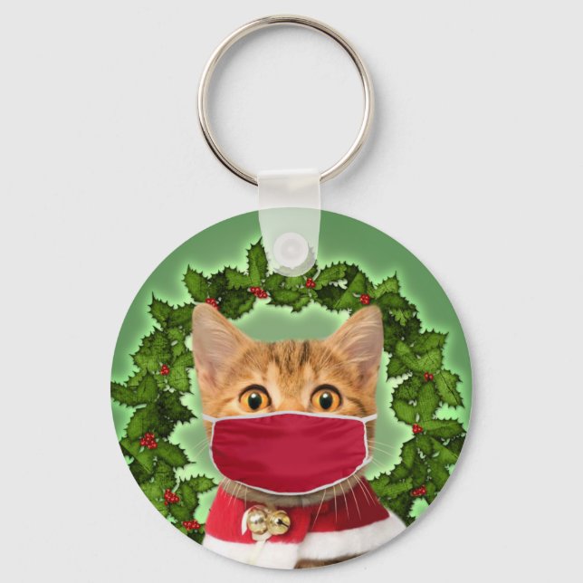 Weihnachtskatze mit Koronavirus-Maske Schlüsselanhänger (Vorderseite)