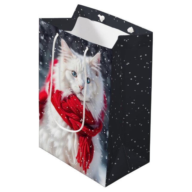 Weihnachtskatze mit Scarf und Schneeflocken Mittlere Geschenktüte (Vorderseite Schrägansicht)