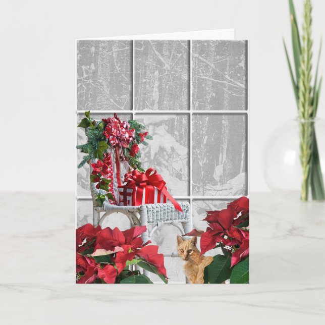 Weihnachtskatze mit Stuhl und Fenster Feiertagskarte (Vorderseite)