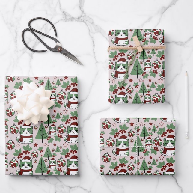 Weihnachtskatze mit Weihnachtsdekoration Geschenkpapier Set (Vorderseite)