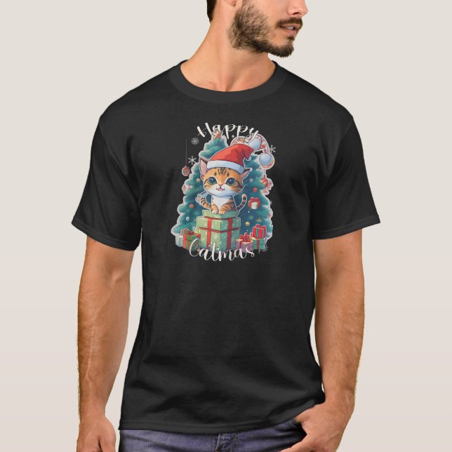 Weihnachtskatze mit Weihnachtsmannmütze für Jungen T-Shirt (Vorderseite)