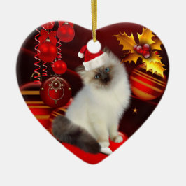 Weihnachtskatze mit Weihnachtsmannmütze Keramikornament