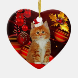 Weihnachtskatze mit Weihnachtsmannmütze Keramikornament