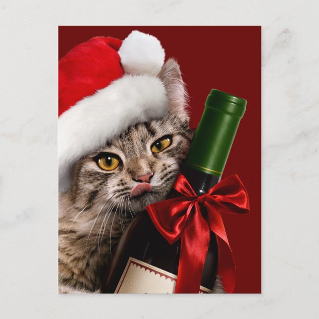 Weihnachtskatze mit Weinflasche Einladungspostkarte (Vorderseite)