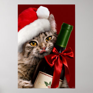 Weihnachtskatze mit Weinflasche Poster
