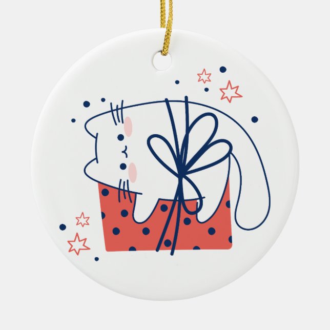 Weihnachtskatze oder Kitten mit Gegenwart Keramik Ornament (Vorne)