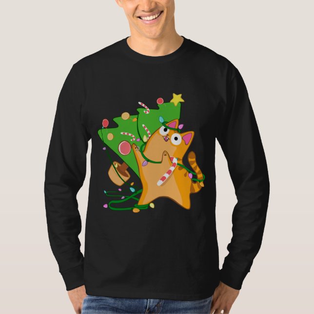 Weihnachtskatze Orange Tabby mit Zoomies xmas tree T-Shirt (Vorderseite)
