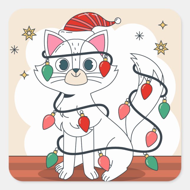 Weihnachtskatze Quadratischer Aufkleber (Illustration of a white cat wearing a red and white striped Santa hat!)