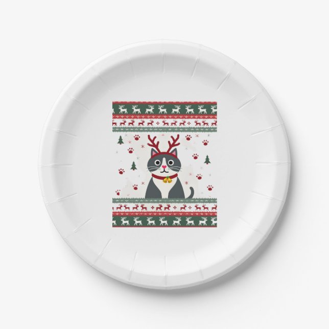 Weihnachtskatze Reindeer Ugly Christmas Sweater T- Pappteller (Vorderseite)