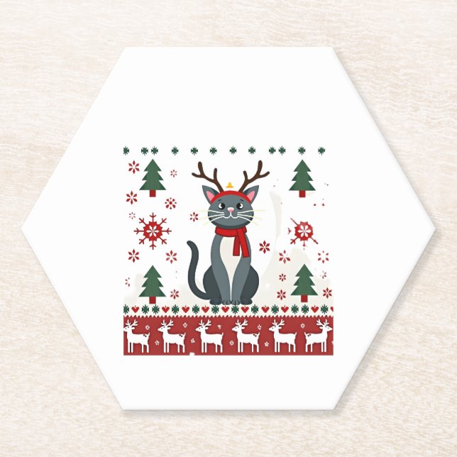 Weihnachtskatze Reindeer Ugly Christmas Sweater T- Untersetzer (Vorderseite)