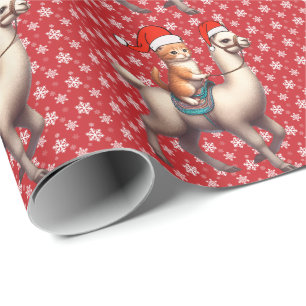 Weihnachtskatze reitet Lama, Xmas-Lama und Kätzche Geschenkpapier