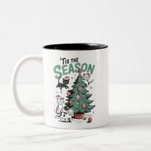 Weihnachtskatze Retro Die Jahreszeit Ist Da Meowy Zweifarbige Tasse
