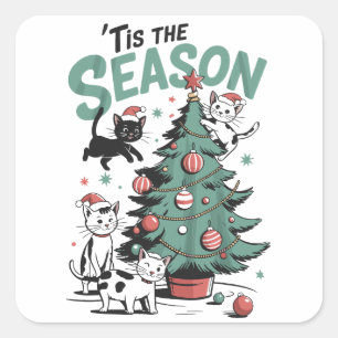 Weihnachtskatze Retro Die Jahreszeit Meowy Catmas  Quadratischer Aufkleber