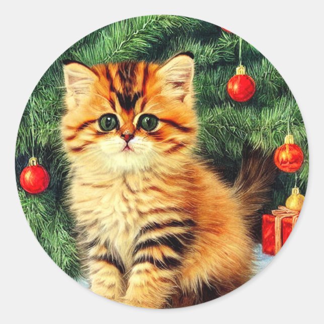 Weihnachtskatze Runder Aufkleber (Vorderseite)