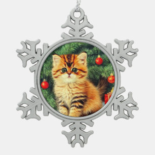 Weihnachtskatze Schneeflocken Zinn-Ornament