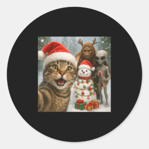 Weihnachtskatze Selfie mit Bigfoot Alien & Amp Runder Aufkleber