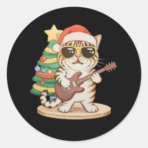 Weihnachtskatze spielt Gitarre Rock Jazz Xmas Hut Runder Aufkleber