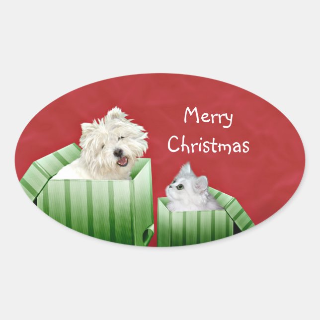 Weihnachtskatze und Hund Ovaler Aufkleber (Vorderseite)