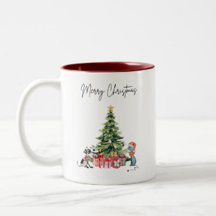 Weihnachtskatze und Hunde-Tasse Zweifarbige Tasse