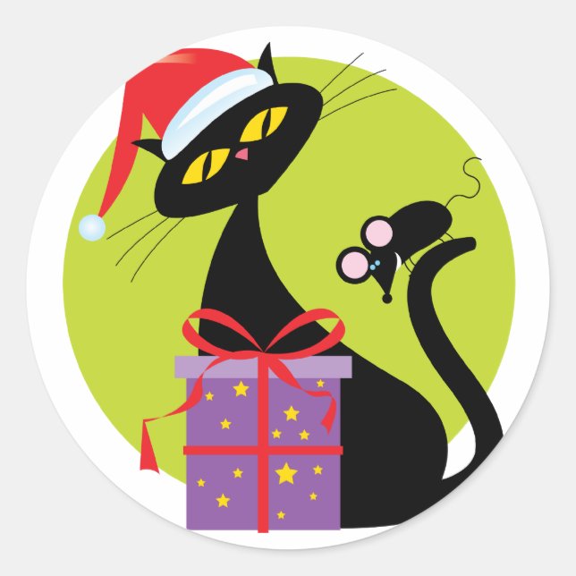 Weihnachtskatze und -Maus Runder Aufkleber (Vorderseite)