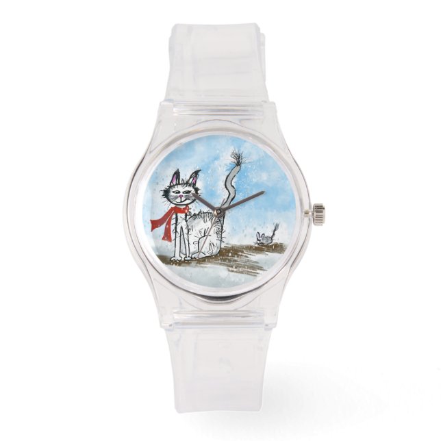 Weihnachtskatze und Maus-Uhr Armbanduhr (Vorderseite)