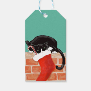 Weihnachtskatze und Strumpf Geschenkanhänger