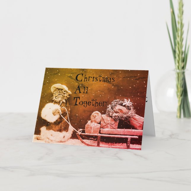 Weihnachtskatze Vintage mit Sleigh Feiertagskarte (Vorderseite)