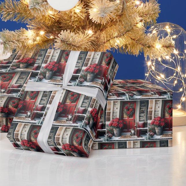 Weihnachtskatze vor der Tür Geschenkpapier (Feiertage)