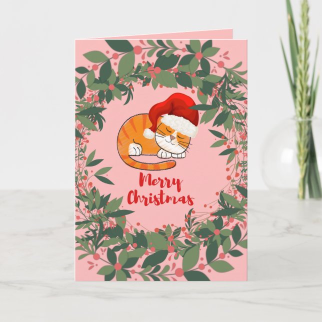 Weihnachtskatze Watercolor Kranz Blätter Red Berri Karte (Vorderseite)