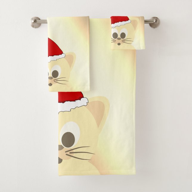 Weihnachtskatze, Weihnachtsmannmütze, Schneeflocke Badhandtuch Set (Insitu)