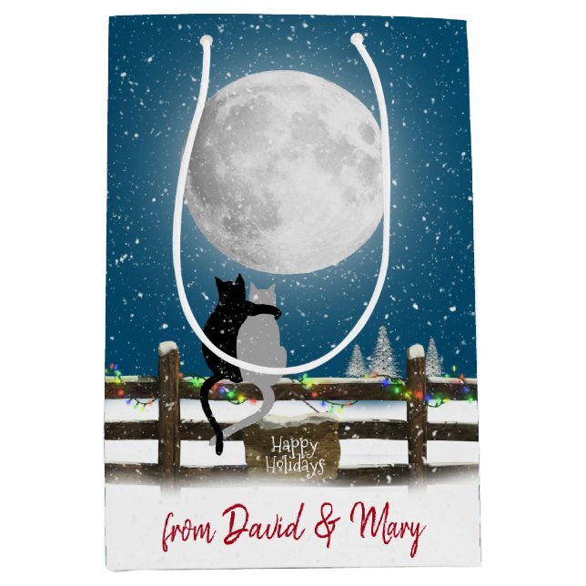 Weihnachtskatzen auf dem Zaun mit dem Mond Mittlere Geschenktüte (Vorderseite)