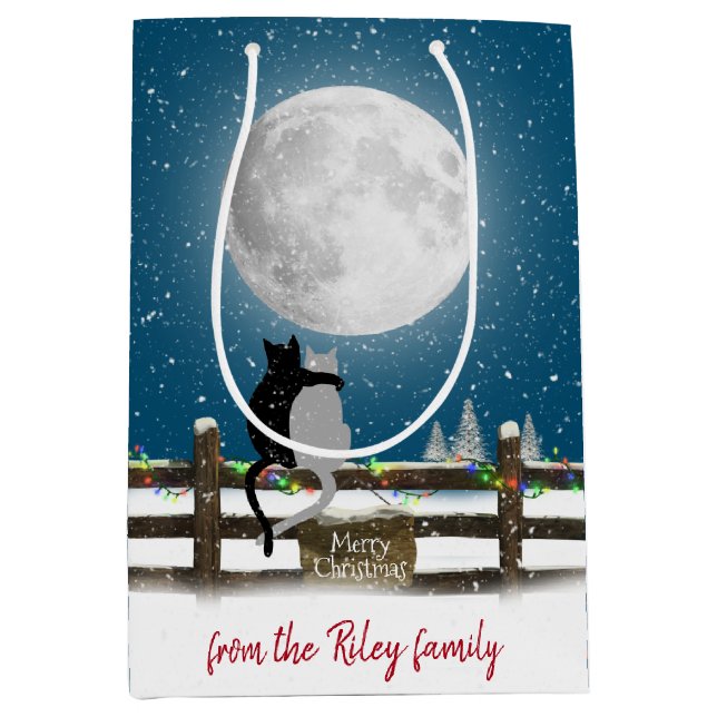 Weihnachtskatzen auf dem Zaun mit dem Mond Mittlere Geschenktüte (Vorderseite)