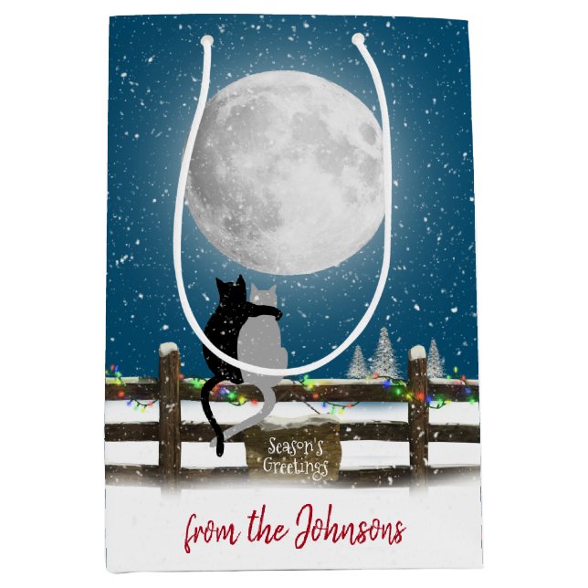 Weihnachtskatzen auf dem Zaun mit dem Mond Mittlere Geschenktüte (Vorderseite)