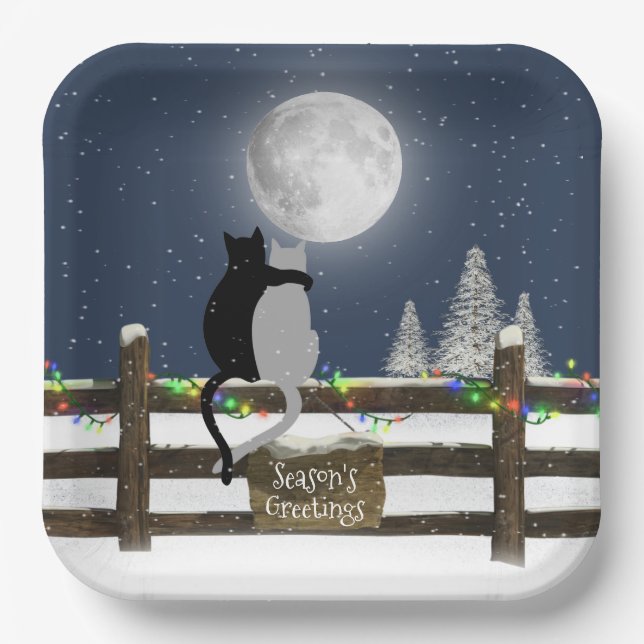 Weihnachtskatzen auf dem Zaun mit dem Mond Pappteller (Vorderseite)