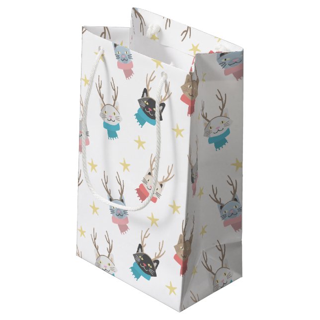 Weihnachtskatzen im Antlermuster Kleine Geschenktüte (Rückseite Schrägansicht)